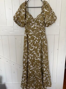 English Factory Olive & White Floral Puff-Sleeve Maxi Dress